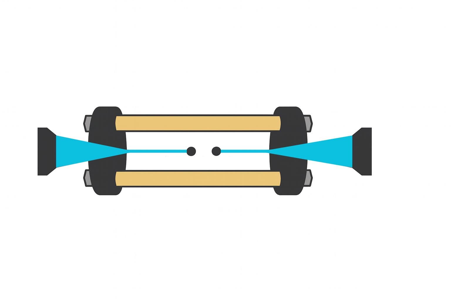 Stylized illustration of two trapped atoms becoming entangled via the Rydberg interaction