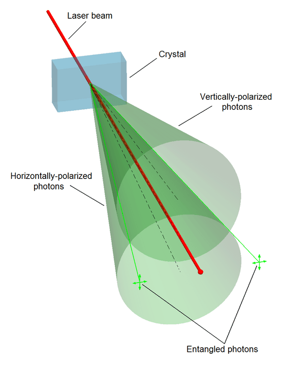 Two entangled photons travelling away from each other