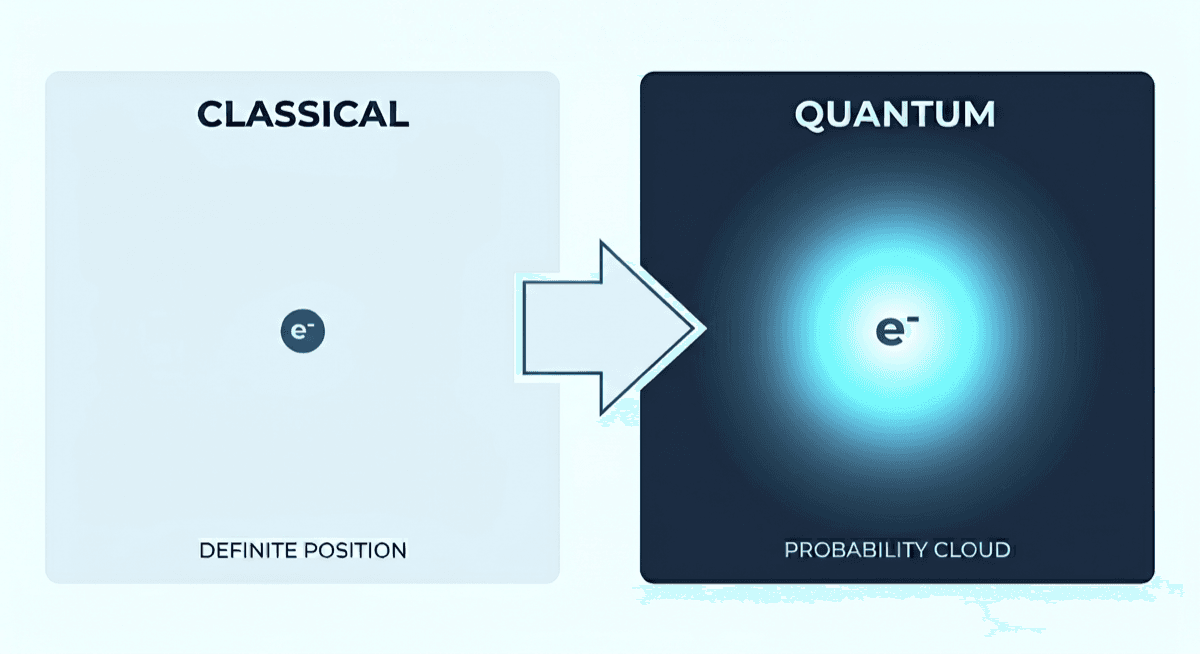 Side-by-side: a classical electron at a definite position next to a quantum electron rendered as a probability cloud